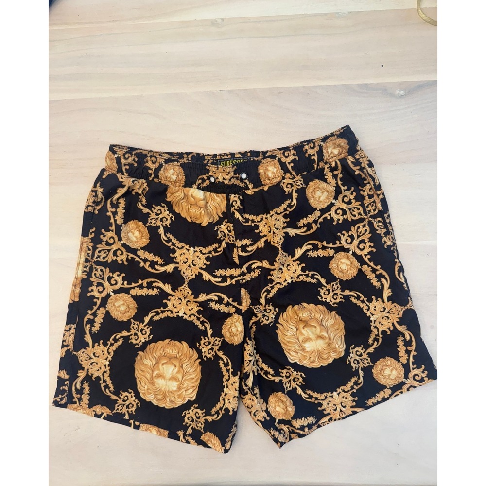 Surf Society Swim Trunks Mens M Black Gold Baroque Lion Print Mesh Lined Shorts